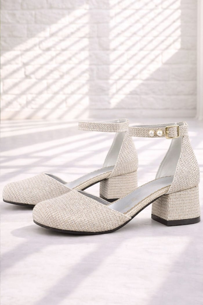 Merida Gold Glitter Thick Heels Pearl Detailed Girls' Heels