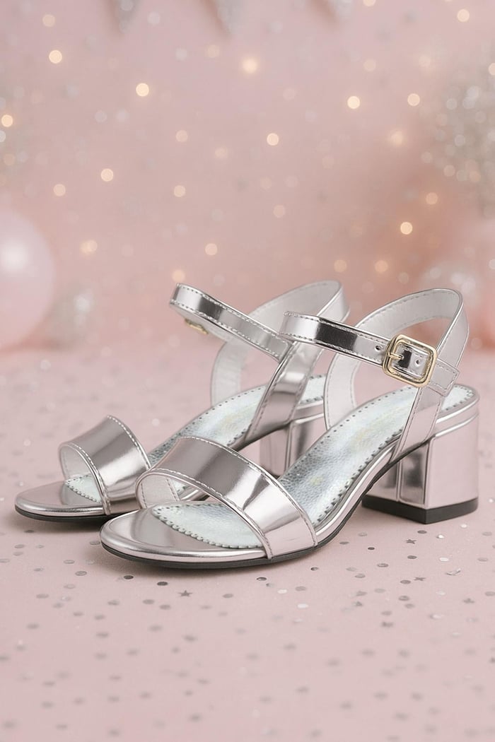 Sarıkaya Silver Shiny Thick Heeled Girls Evening Shoes