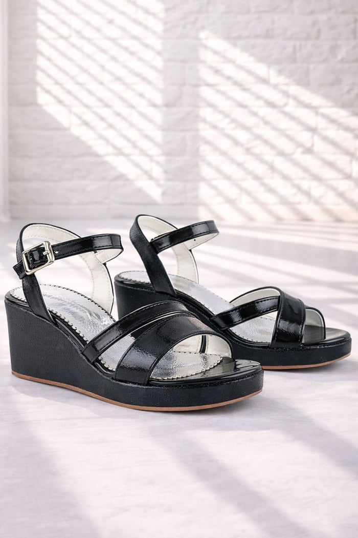 Black Wedge Heeled Shoes For Girl's