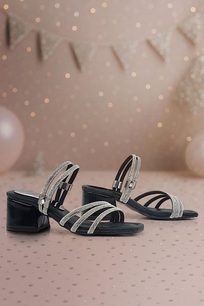 Judy Black Stoned Girl's Heeled Slippers Shoes
