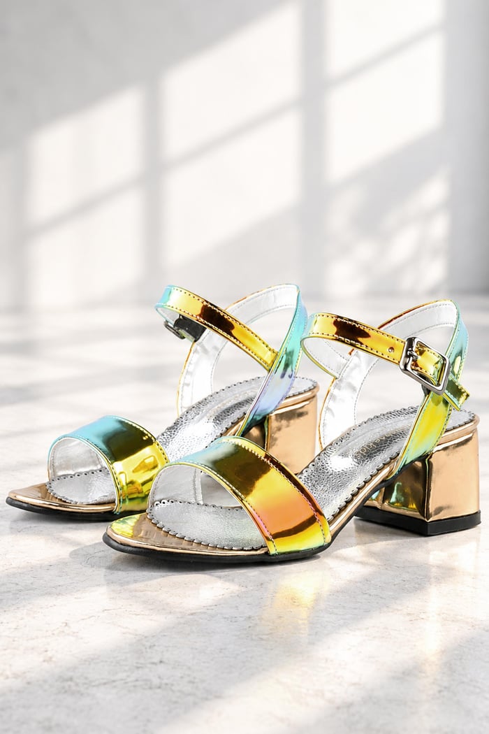 Pony Hologram Bakır-Yeşil Chunky Heeled Girls' Evening Shoes