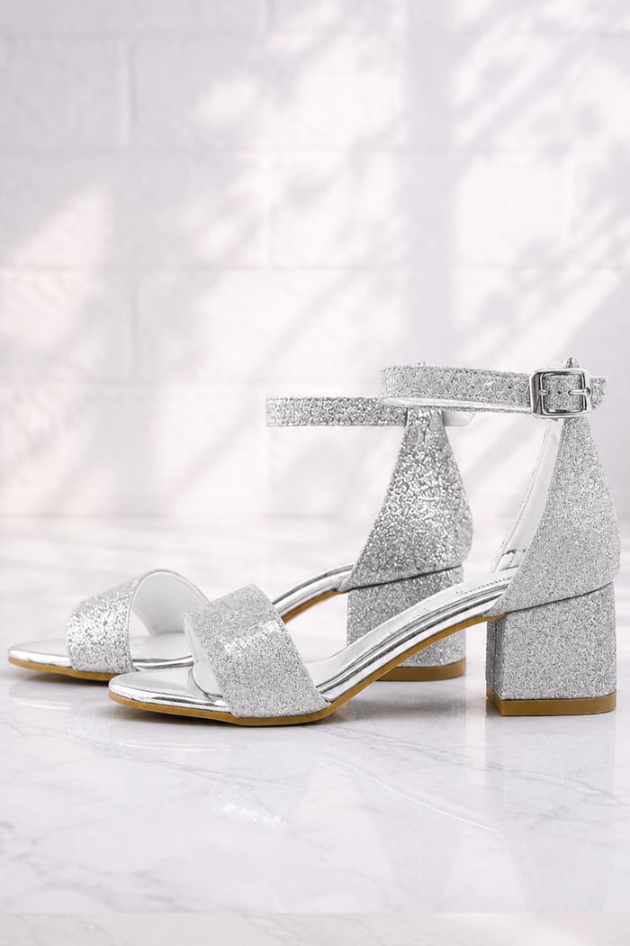 Lilo Glittery Silver Single Strap Girls High Heel Evening Shoes
