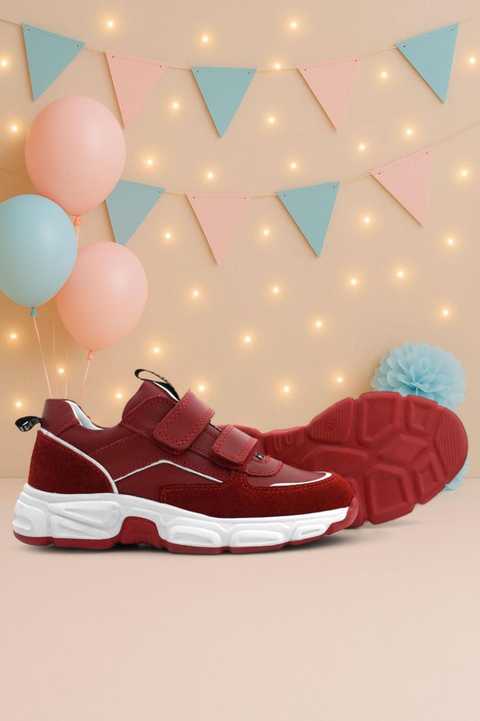 Genuine Leather Red Double Velcro Girls Sneakers
