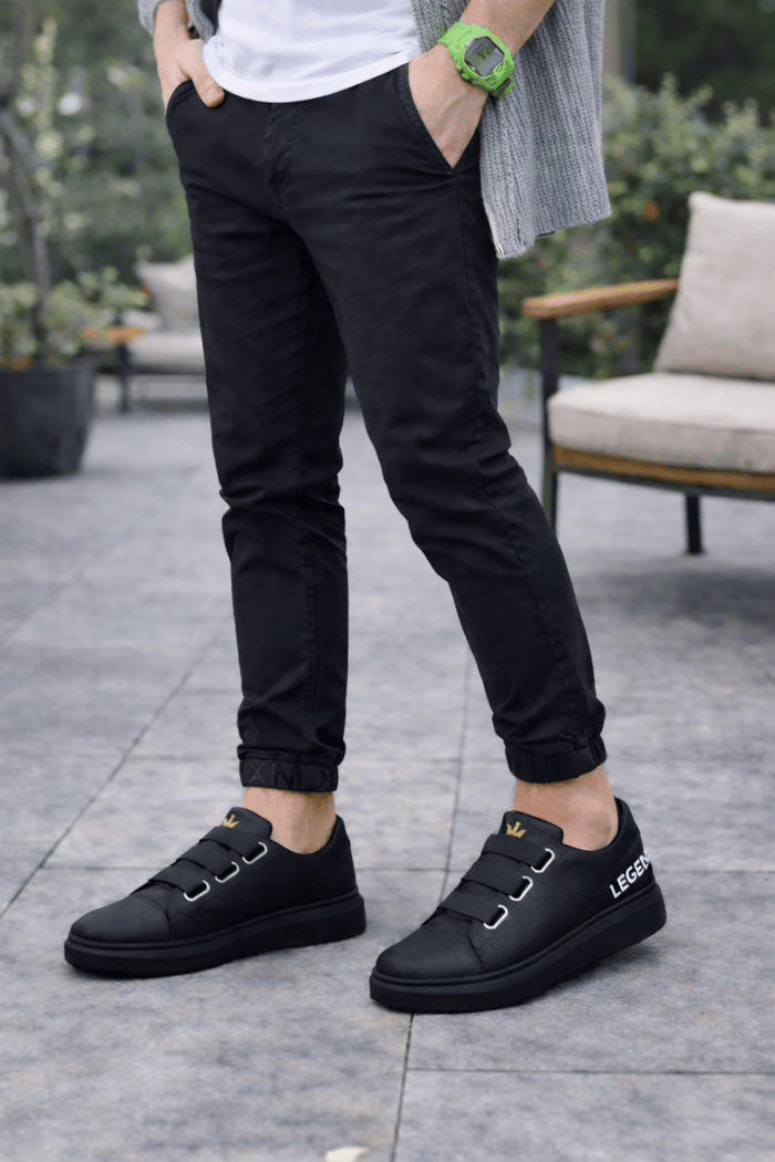 JY029 Mono Bağcıksız 3 Bantlı Lastikli Legend Cilt Erkek Günlük Sneaker Ayakkabı CST - Siyah