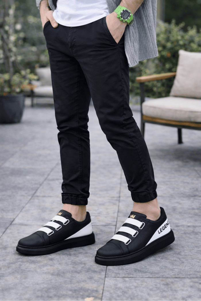 JY029 Mono Bağcıksız 3 Bantlı Lastikli Legend Cilt Erkek Günlük Sneaker Ayakkabı CST - Siyah/Beyaz