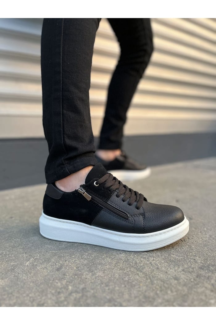 JY155 Warrior Bağcıklı ve Fermuarlı Cilt Süet Erkek Günlük Sneaker Ayakkabı CSBT - Siyah