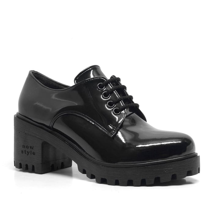Black Patent Leather Lace Oxford Heels Women's Shoes