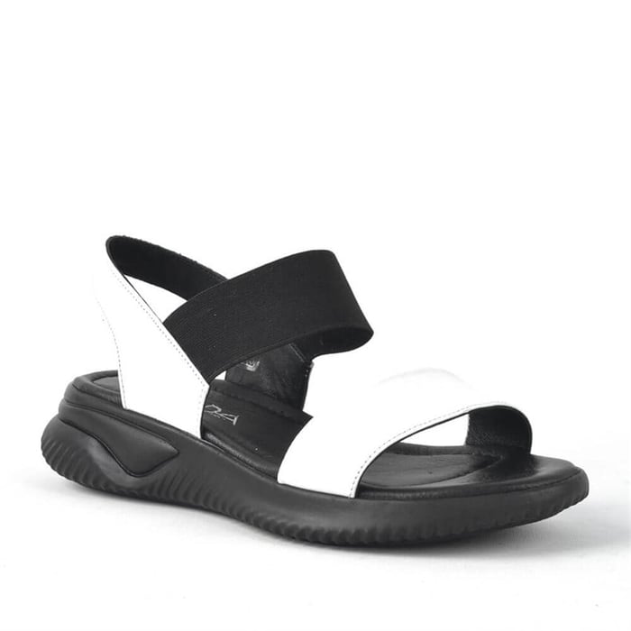 Kadın Terlik & Sandalet Hakiki Deri Siyah Beyaz Lastikli Kalın Taban Kadın Sandalet KSA130-SB