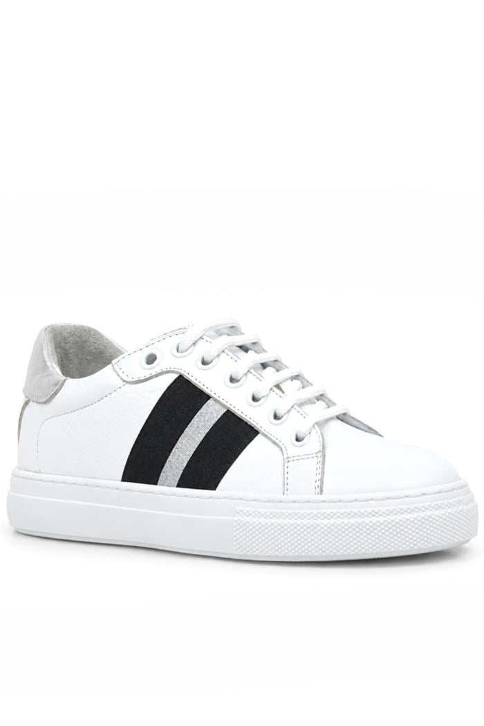 Hakiki Deri Beyaz Siyah Desenli Kadın Sneaker Ayakkabı