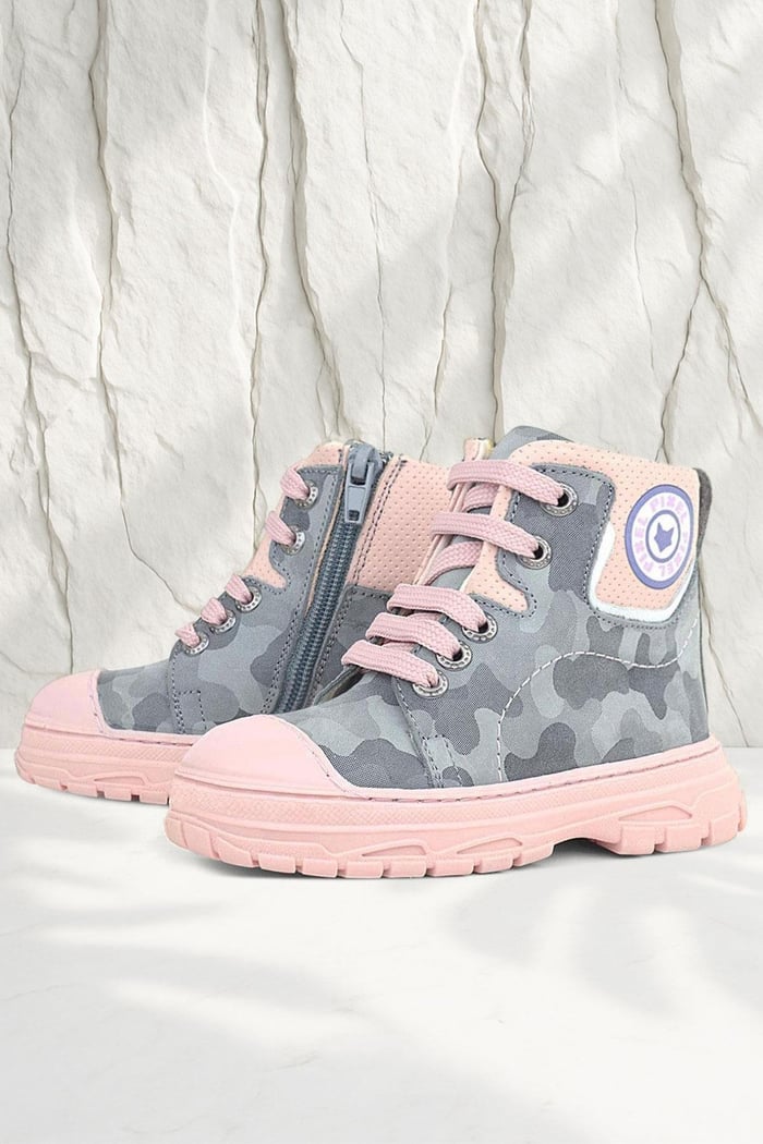 Genuine Leather Pixel Grey Powder Color Camouflage Patterned Girls' Boots