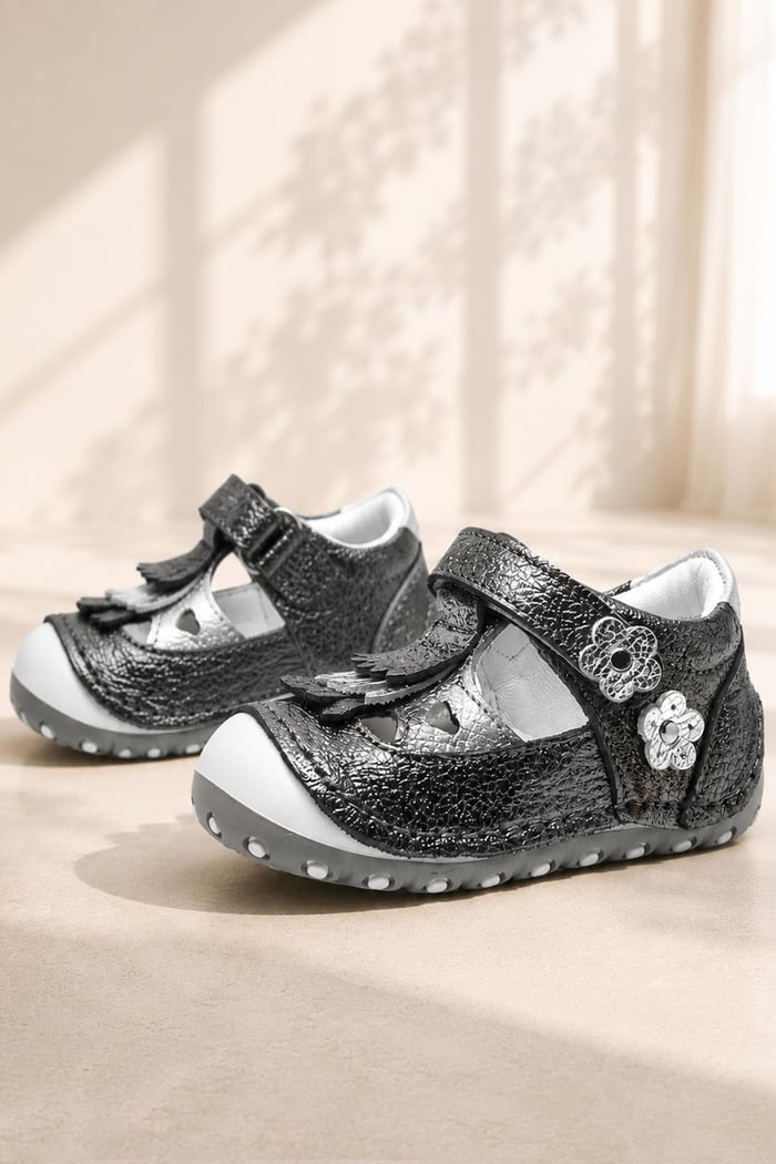 Nino Genuine Leather Tufted Silver Anatomic Shoes Summer First Step Grey