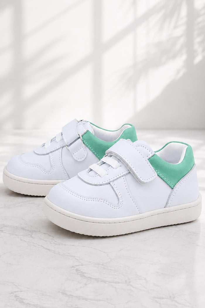 Rakerplus Bob Hakiki Deri Beyaz Nubuk Yeşil Cırtlı Bebek Sneaker Ayakkabı
