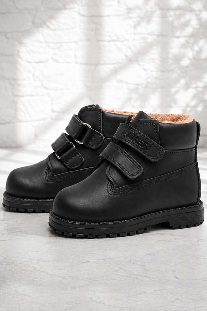 Rakerplus Neson Genuine Leather Black Fur-Lined Velcro Unisex Baby Boots