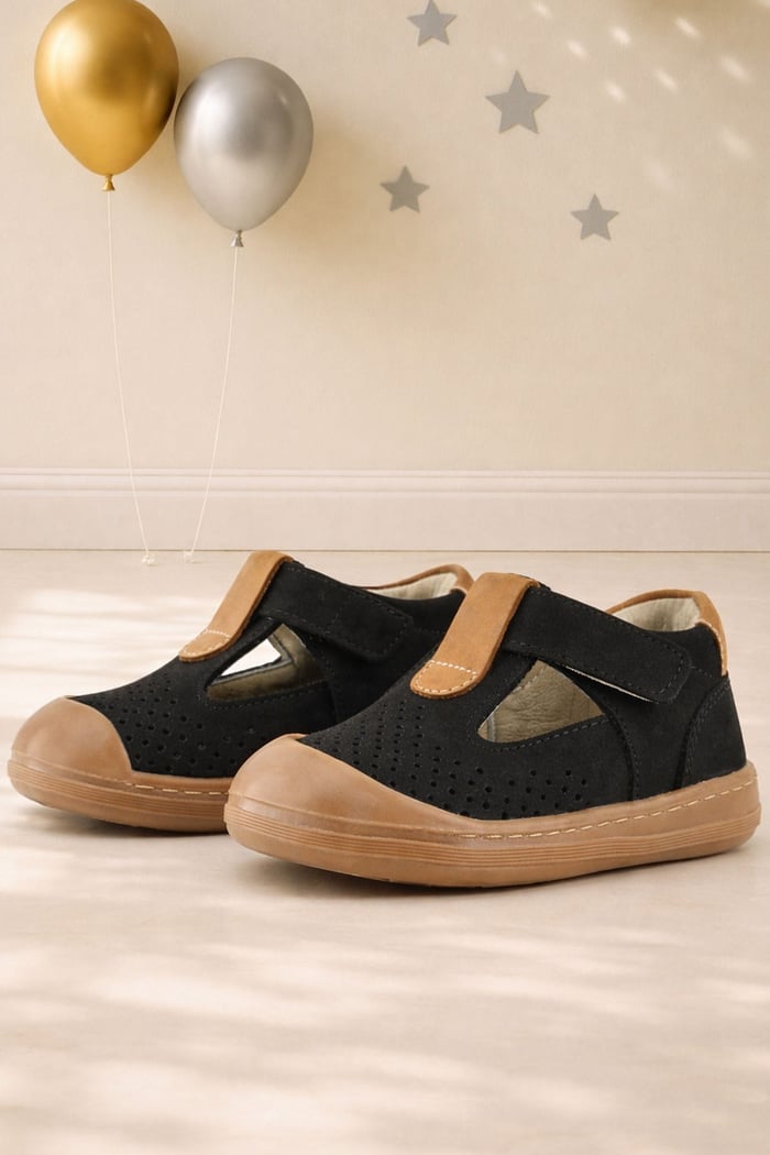 Rakerplus Shaun Genuine Leather Black Tan Velcro Anatomical Baby Sandals