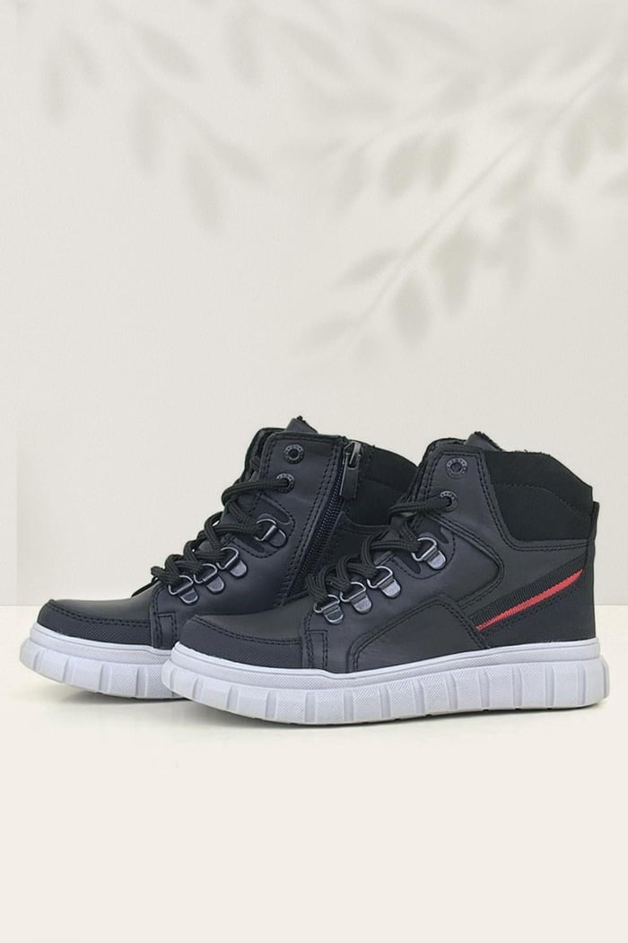Rakerplus Black Genuine Leather Zippered Kids Boots