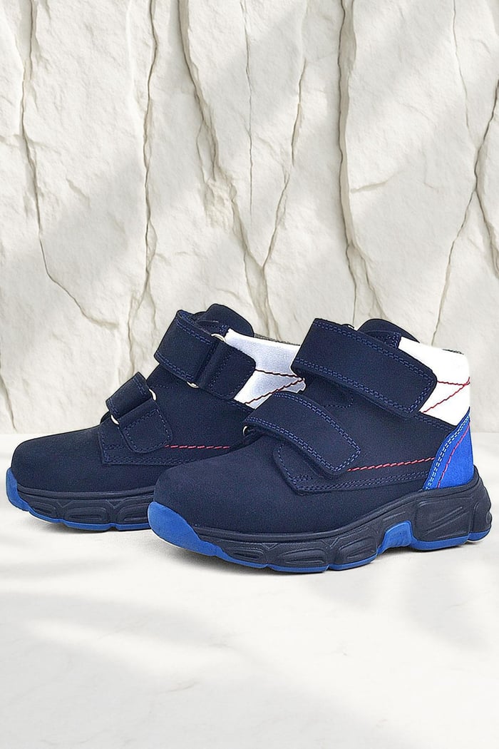 Rakerplus Genuine Leather Navy Blue Banded Furry Kids Sports Boot