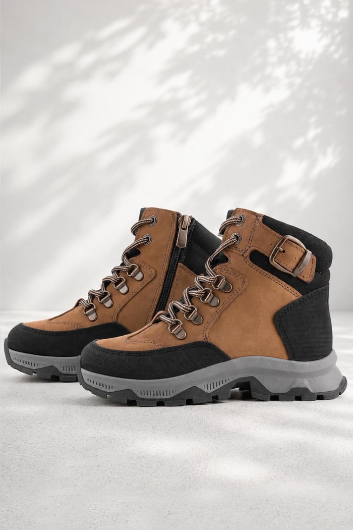 Rakerplus Genuine Leather Brown Black Lace-Up Zippered Trekking Kids Boots