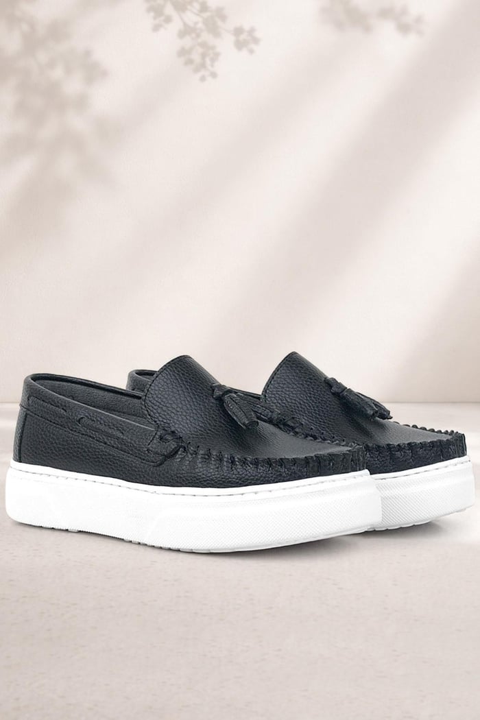 Rakerplus Black Faux Leather Boys Moccasin Shoes