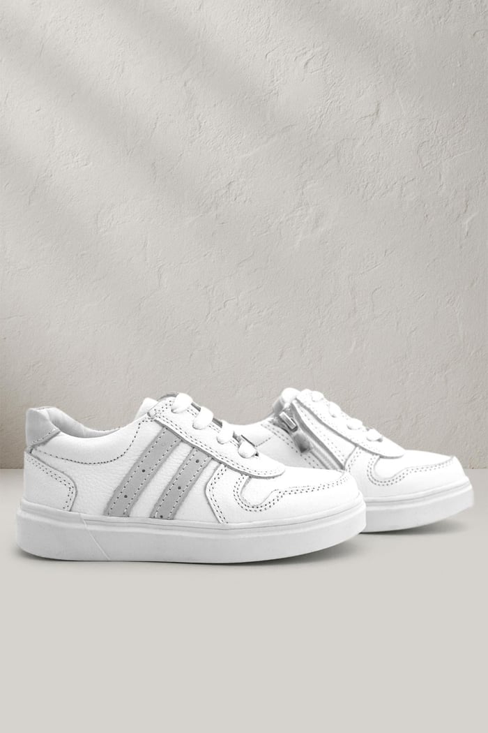 Rakerplus Hakiki Deri Beyaz Bağcıklı Fermuarlı Çocuk Sneaker Ayakkabı