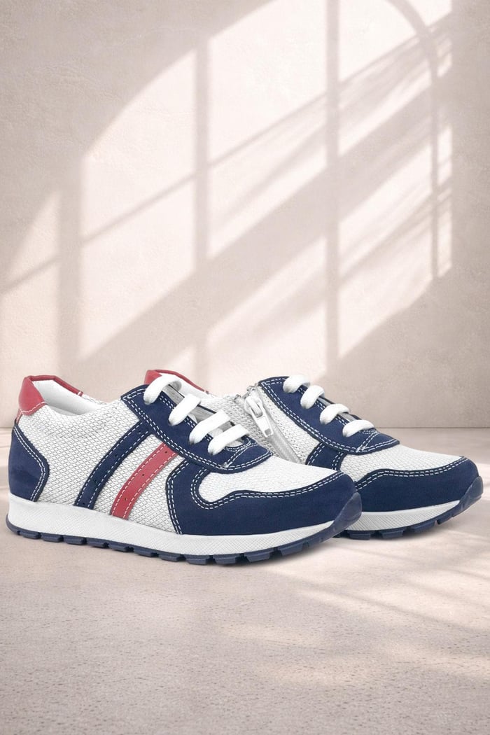Rakerplus Genuine Leather Navy Blue White Zippered Kids Sports Shoes