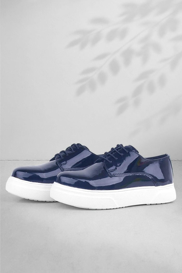 Rakerplus Derby Navy Blue Patient Leather White Sole Kids Classic Shoes