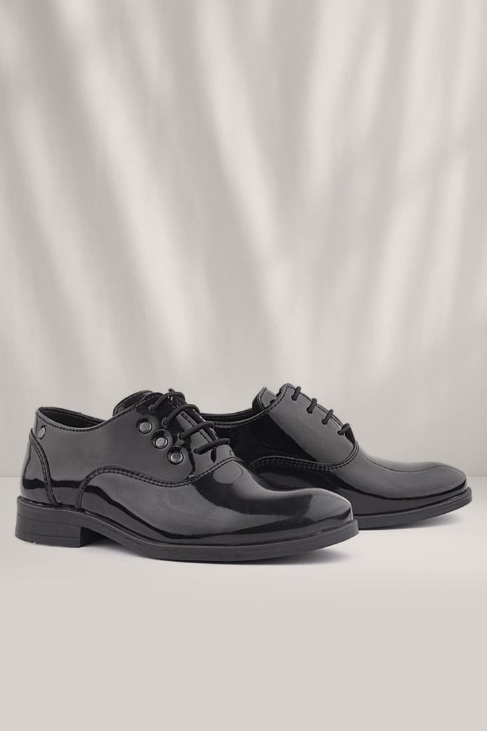 Rakerplus Tuxedo Black Patent Leather Lace-Up Metal Detailed Children's Classic Shoes