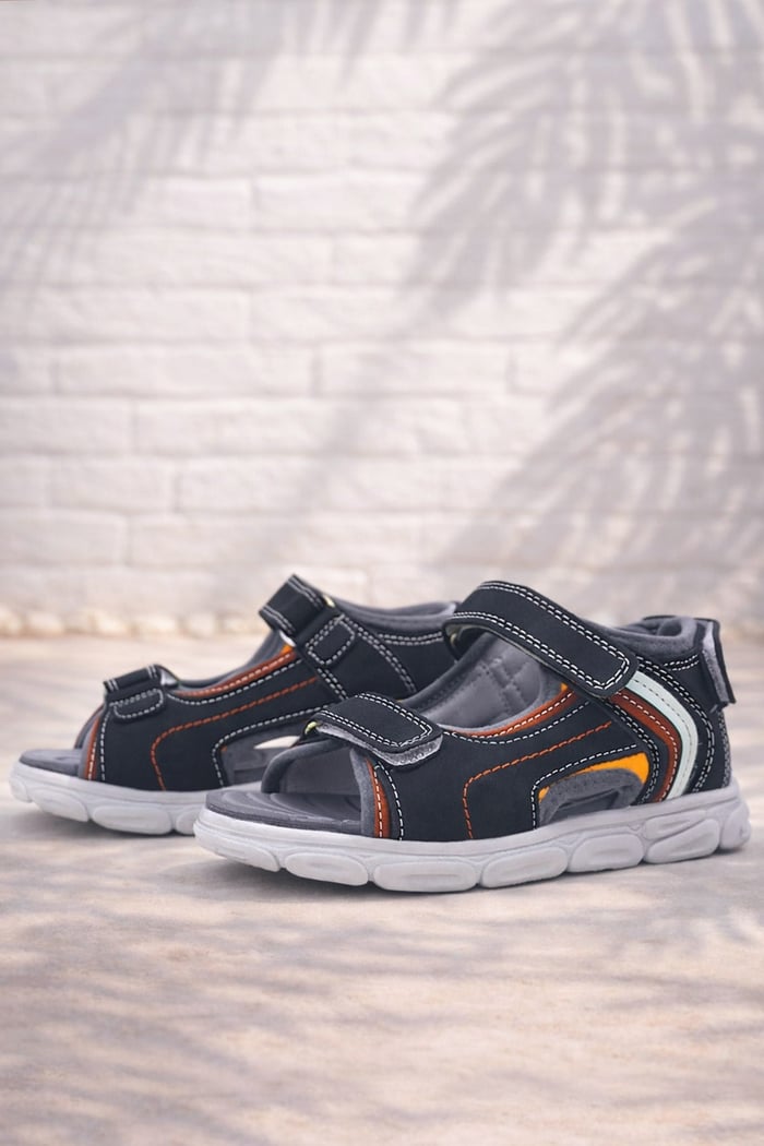 Rakerplus Genuine Leather Navy Blue Red Velcro Kids Sandals