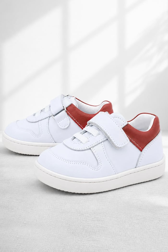 Rakerplus Bob Hakiki Deri Beyaz Nubuk Kırmızı Cırtlı Bebek Sneaker Ayakkabı