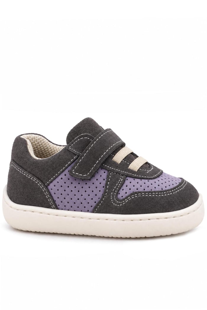 Rakerplus Bob Hakiki Deri Gri Mor Barefoot Cırtlı Lastikli Bebek Sneaker Ayakkabı