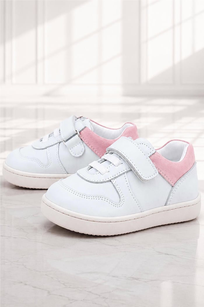 Rakerplus Bob Hakiki Deri Beyaz Nubuk Pembe Cırtlı Bebek Sneaker Ayakkabı