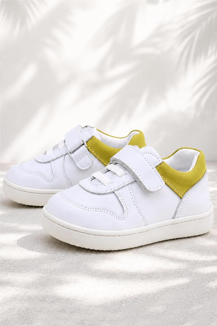Rakerplus Bob Hakiki Deri Beyaz Nubuk Sarı Bebek Sneaker Ayakkabı