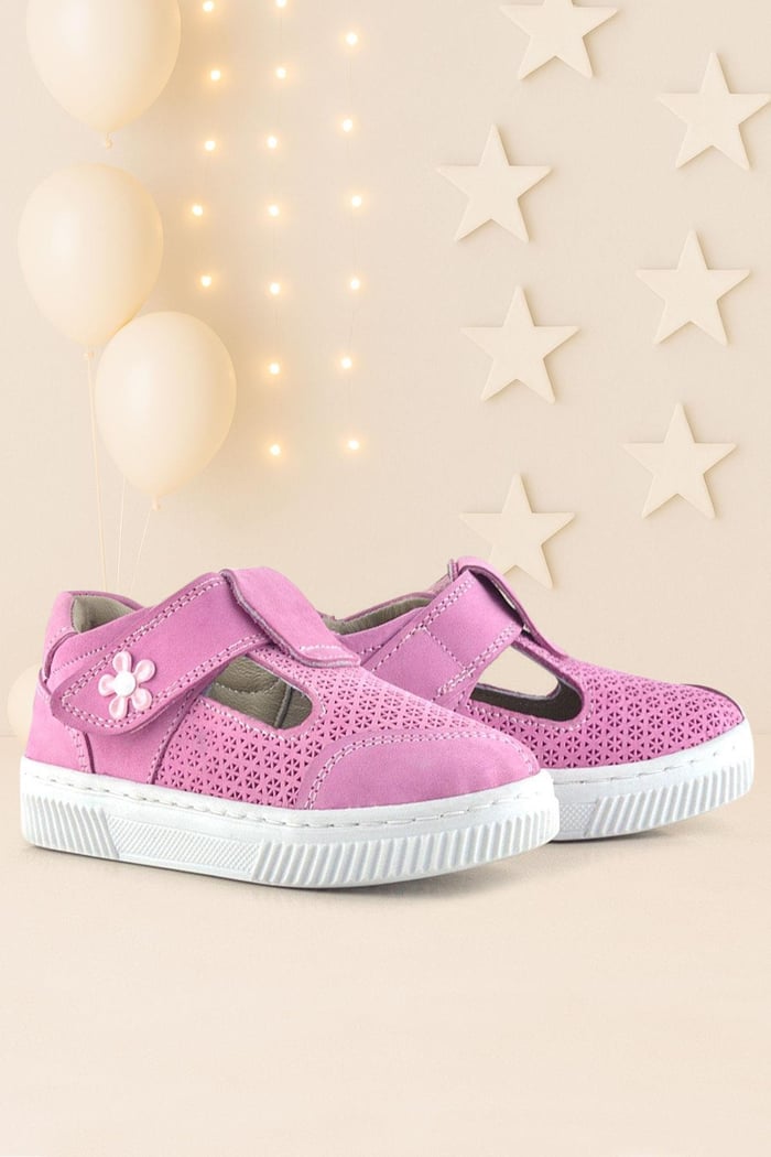 Rakerplus Bheem Genuine Leather Pink Velcro Baby Sandals with Flower Detail
