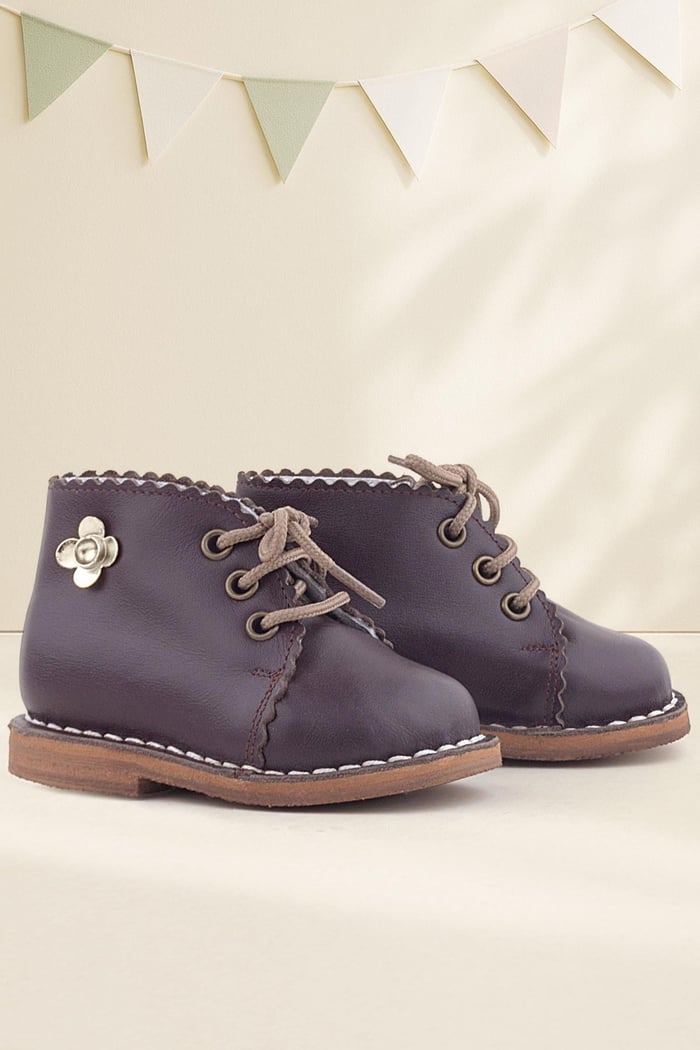 Rakerplus Handmade Genuine Leather Brown Floral Detailed Lace-Up Baby Boots