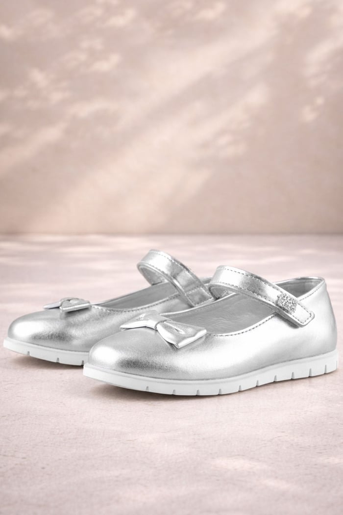 Rakerplus Genuine Leather Silver Stone Velcro Girls' Ballerinas