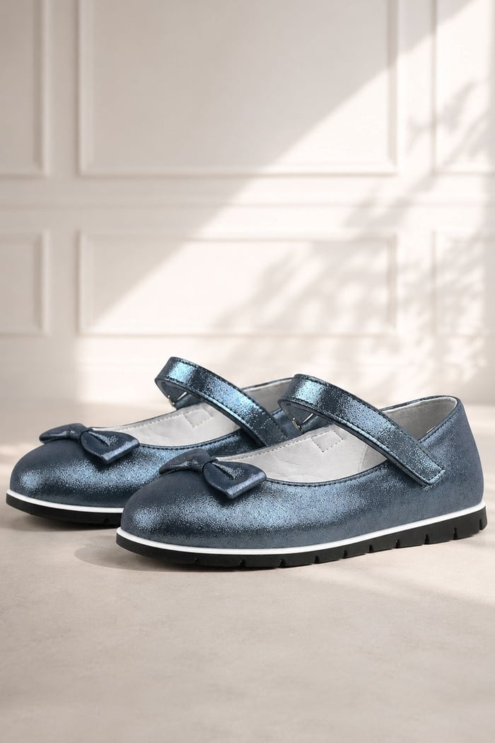 Rakerplus Genuine Leather Anthracite Navy Blue Bow Tie Girls' Flat Shoes