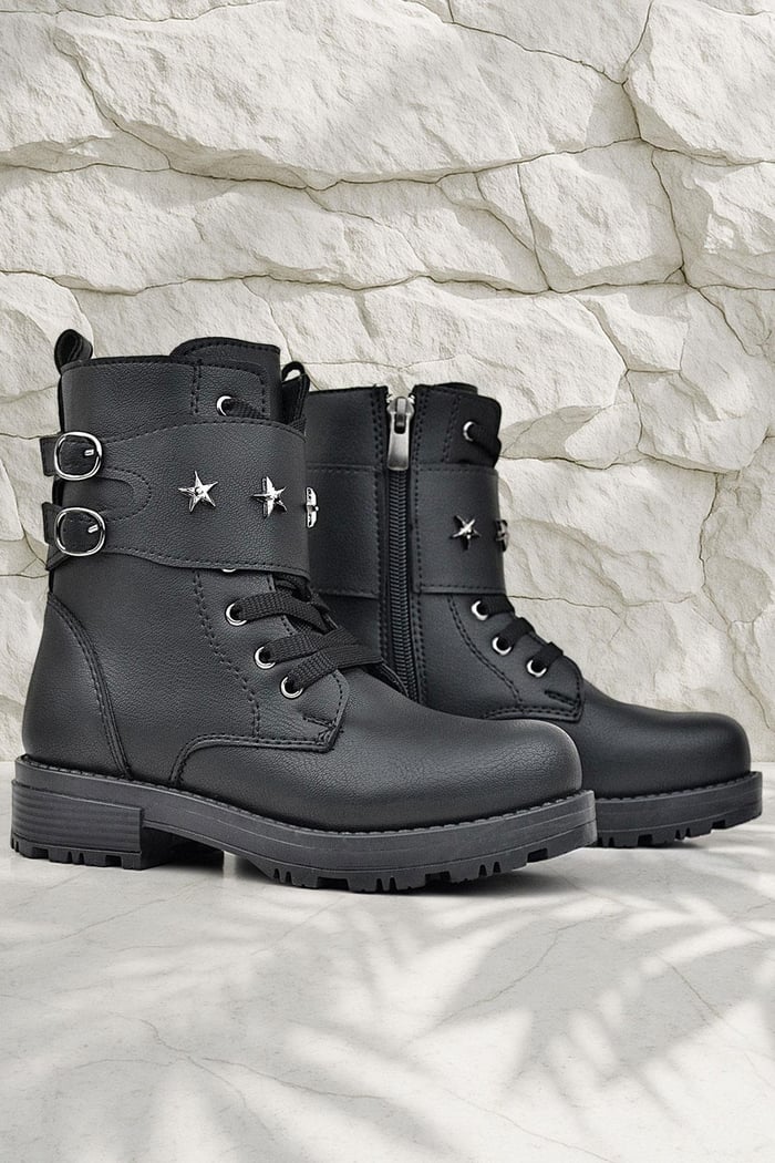 Rakerplus Black Lace-up Zippered Girls' Boots with Star Detail
