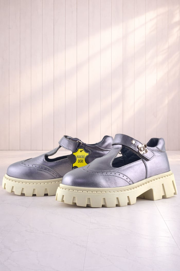 Rakerplus Genuine Leather Platinum Cream Sole Floral Detailed Girls' Casual Shoes