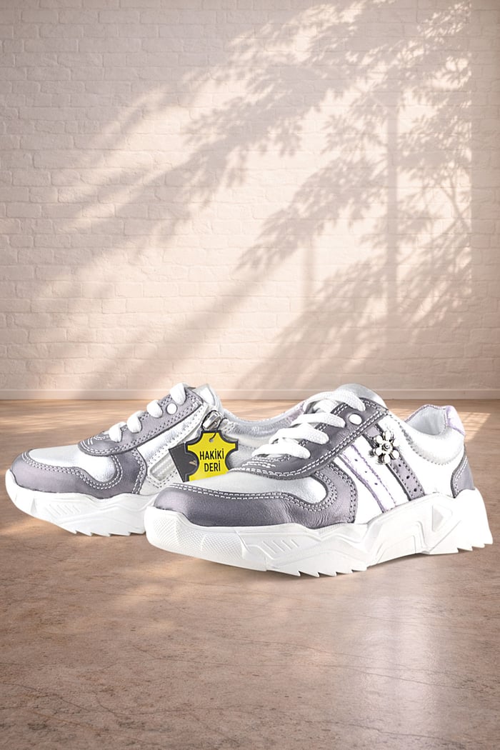Rakerplus Genuine Leather Platinum Pink Floral Metal Detailed Girls Sneakers