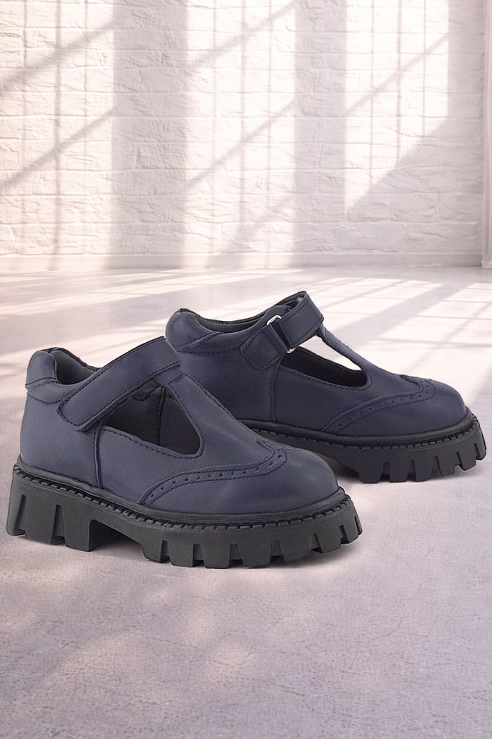 Rakerplus Navy Blue Matte Velcro Girls School Shoes