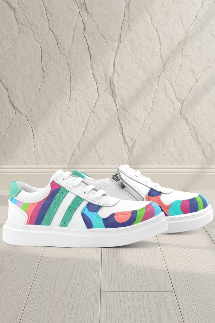 Rakerplus Tbons Özel Tasarım Hakiki Deri Beyaz Yeşil Bağcıklı Fermuarlı Çocuk Sneaker 3701-BYTB.39