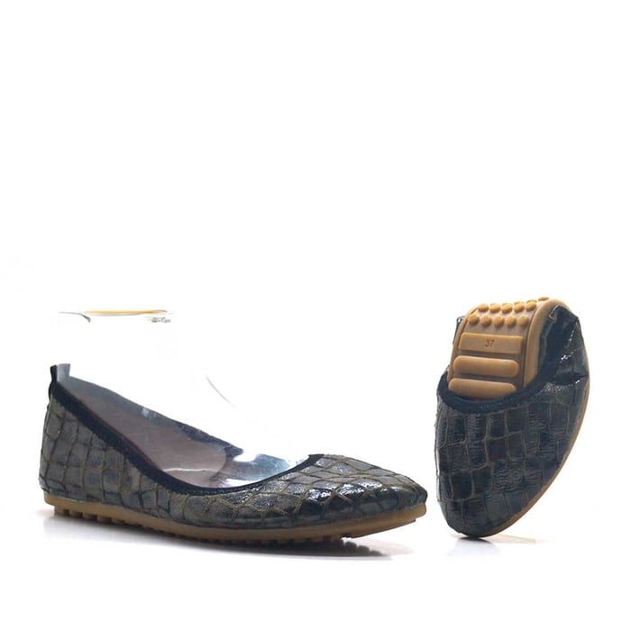 Foldable Genuine Leather Snake Black Pattern Women Rollable Flat Shoeste