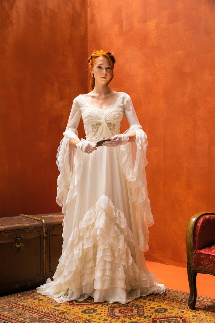 Krem Vintage Drape Detaylı Gelinlik