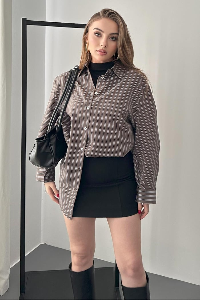 Kahverengi Oversize Çizgili Gömlek – Elbee
