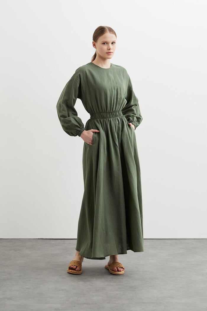 NATURAL LINEN DRESS WITH WAIST DRESS