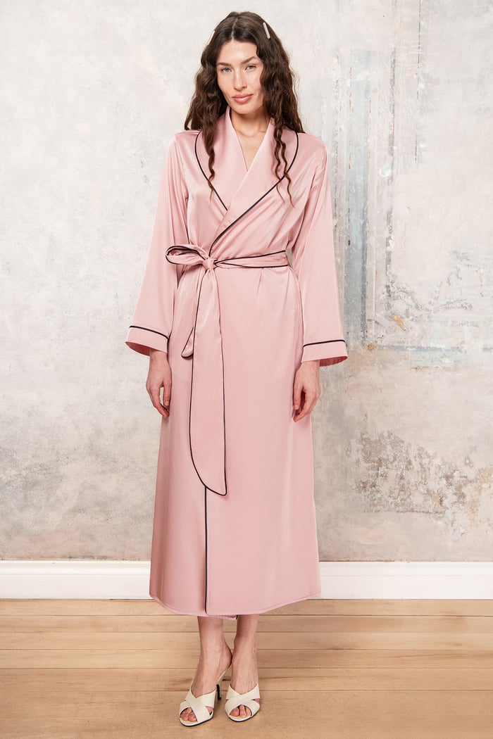 Francesca Gül Kurusu Uzun Saten Biye Detaylı Sabahlık / Kimono