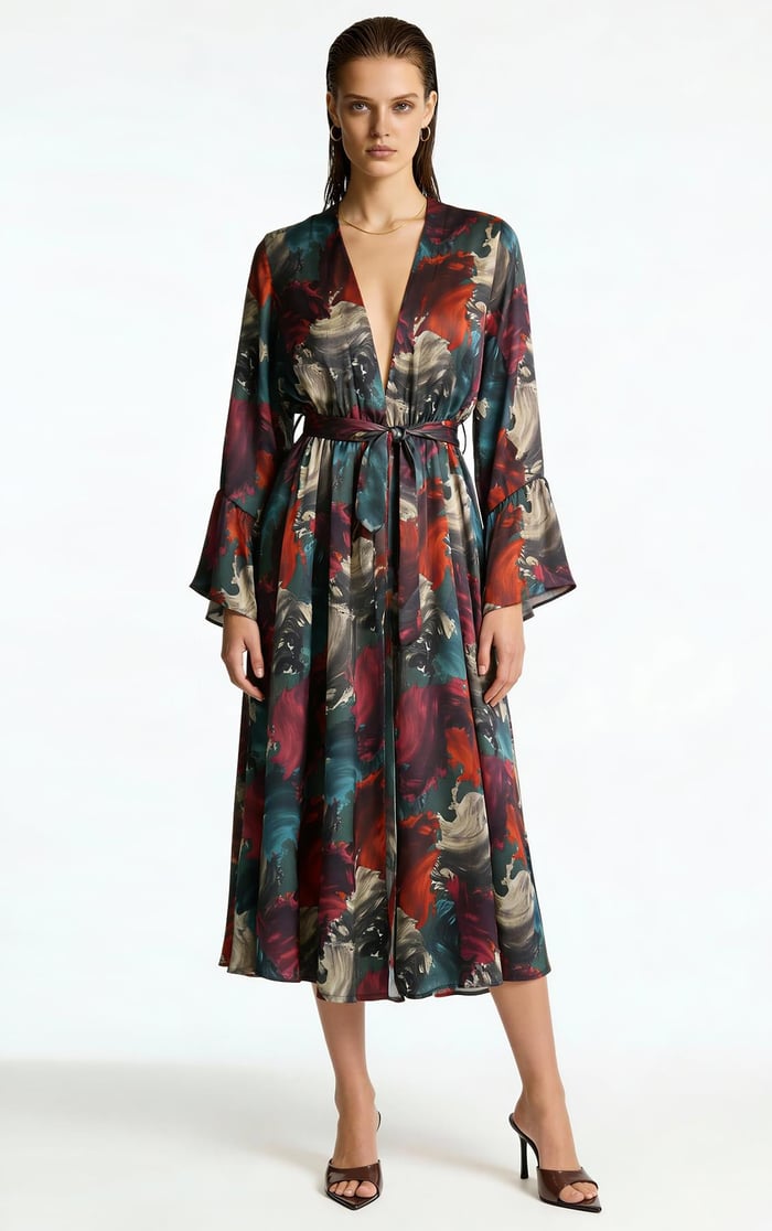 Roxela Desenli Uzun Saten Sabahlık / Kimono