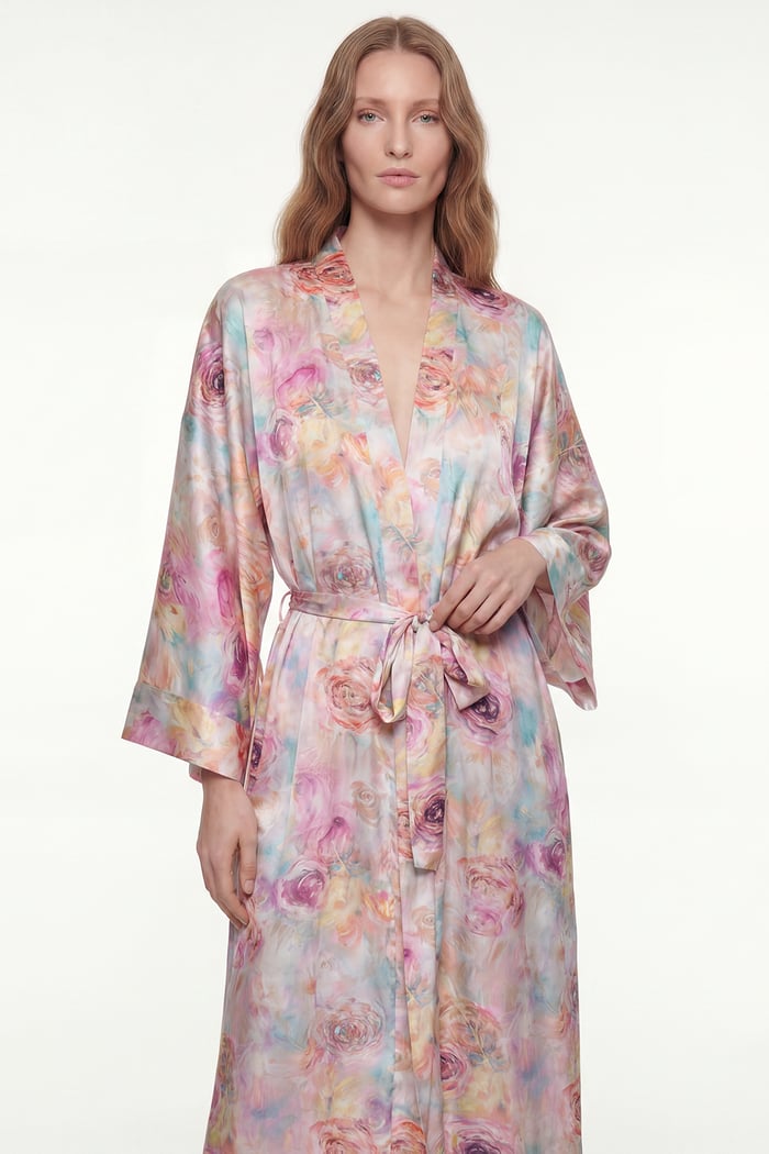 Frappant Marguerite Desenli Uzun Saten Sabahlık / Kimono