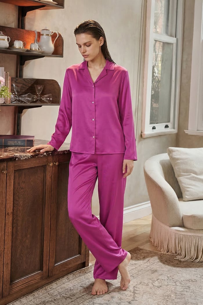 Amoris Fuşya Uzun Saten Pijama Takımı