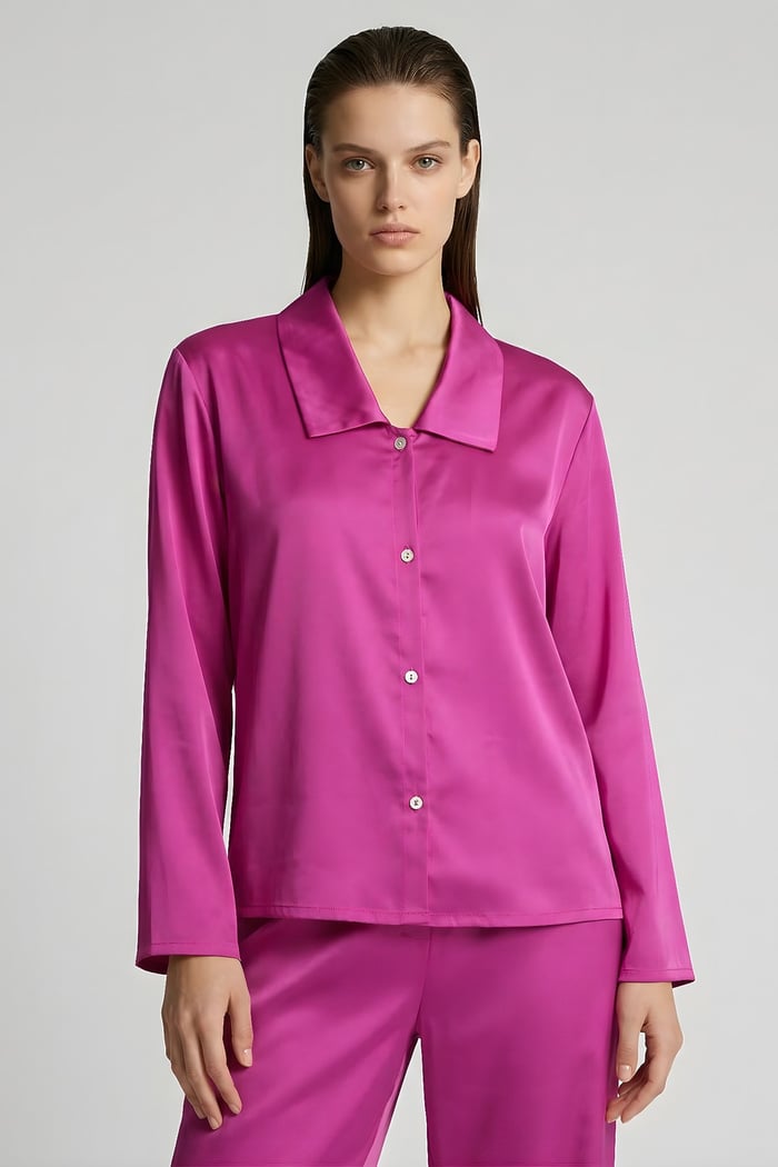 Amoris Fuşya Uzun Saten Pijama Takımı