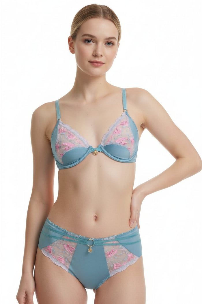 Blume Бирюзовое атласное платье-комбинация с кружевной отделкой